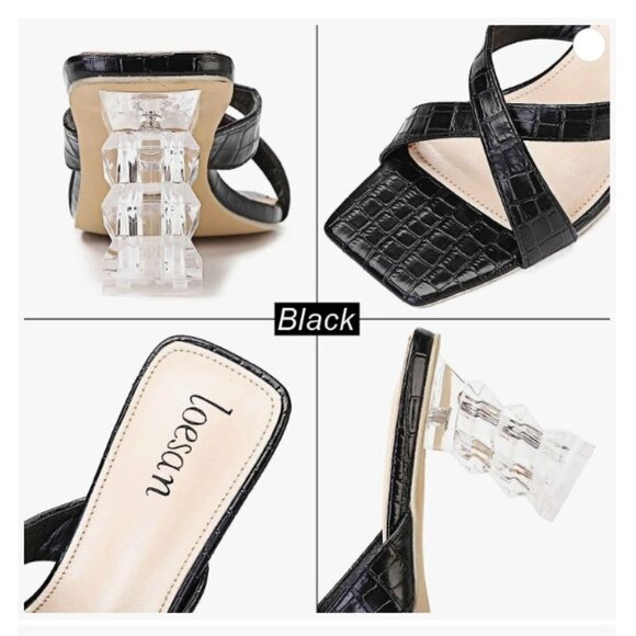 Square Heels Sandals Block Lucite Clear Chunky Heel Mules Peep Toe, Size EUR 37 - Picture 3 of 11